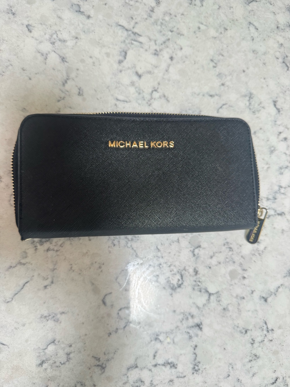 Michael Kors Black Zip-Around Saffiano Wallet with Gold Logo